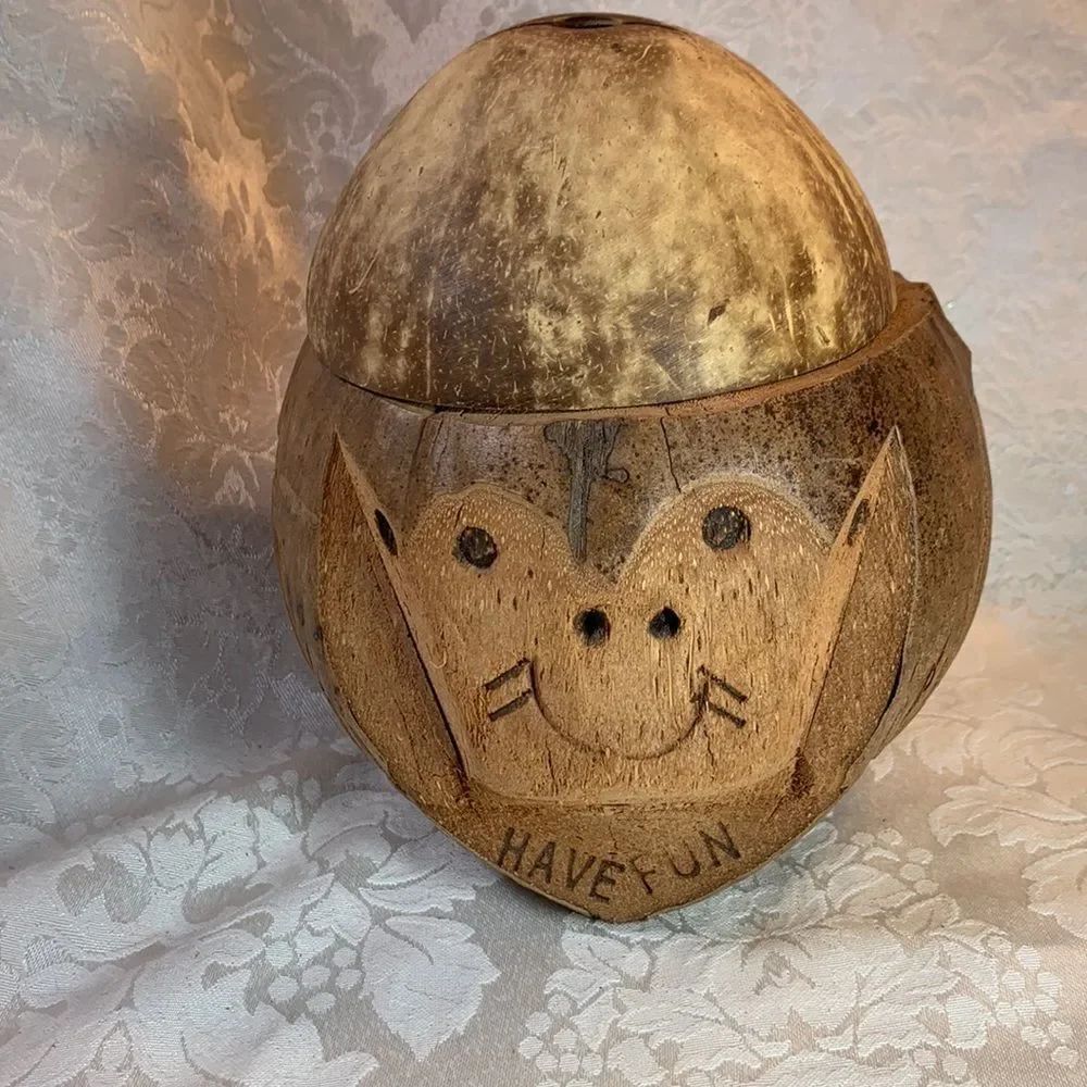 Have Fun Monkey Head Brown Coconut Drink Cup Straw Slot Bank Souvenir Home Bar